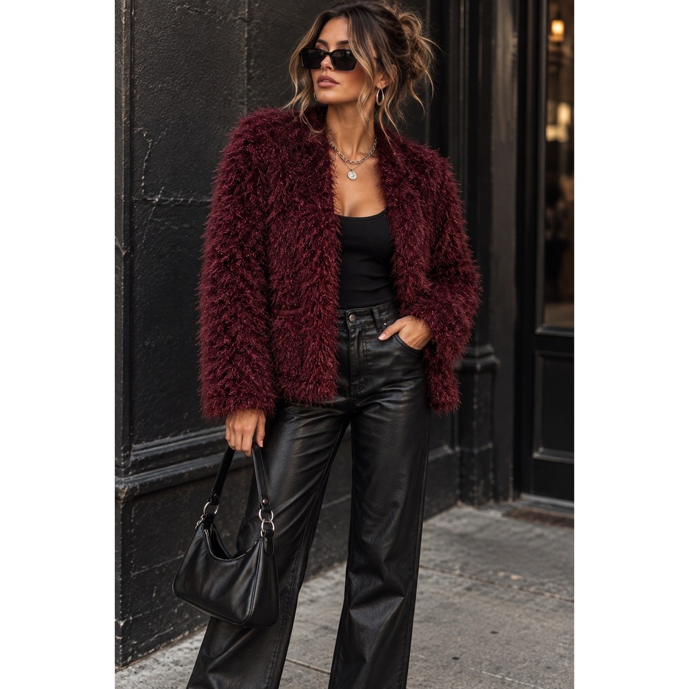 Love Fire Burgundy Shaggy Faux Fur Jacket NWT S/P Y2K Indie Sleaze Rock Glam